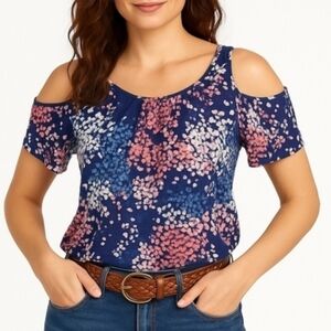 Lucky Brand Navy Floral Cold Shoulder Top XL Boho Flutter Sleeve Blouse